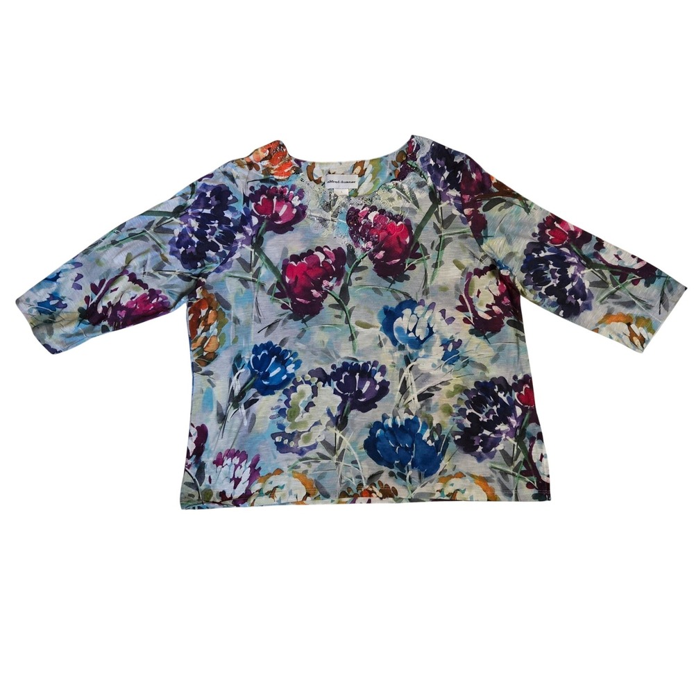 Floral Alfred Dunner Women's L Floral Watercolor 3/4 Sleeve Lace Rhinestone Top